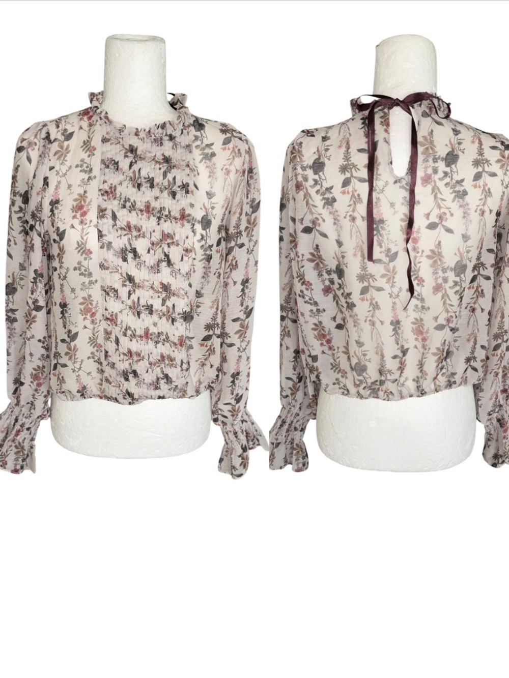 Zara Floral Print Pleated Ruffleneck Tie Back Cropped Blouse - M